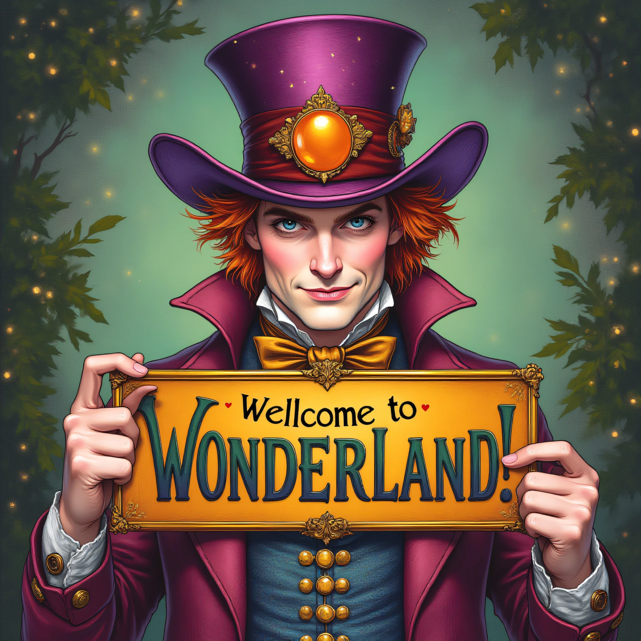 ArsMJStyle, Wonderland, The Mad hatter holding a colorful sign that says "Wellcome to WONDERLAND!"