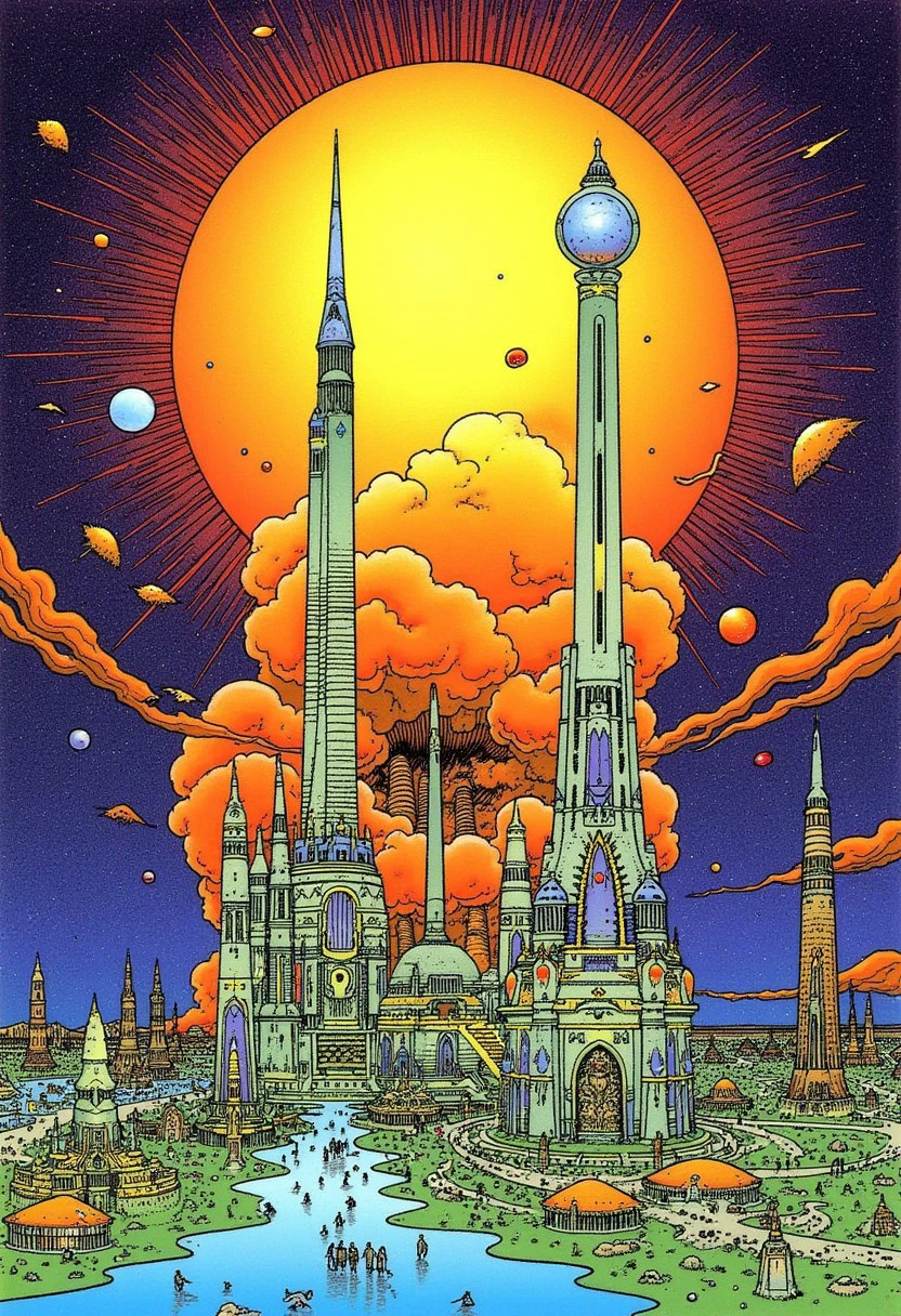 moebiusstyle, futuristic city, solar punk