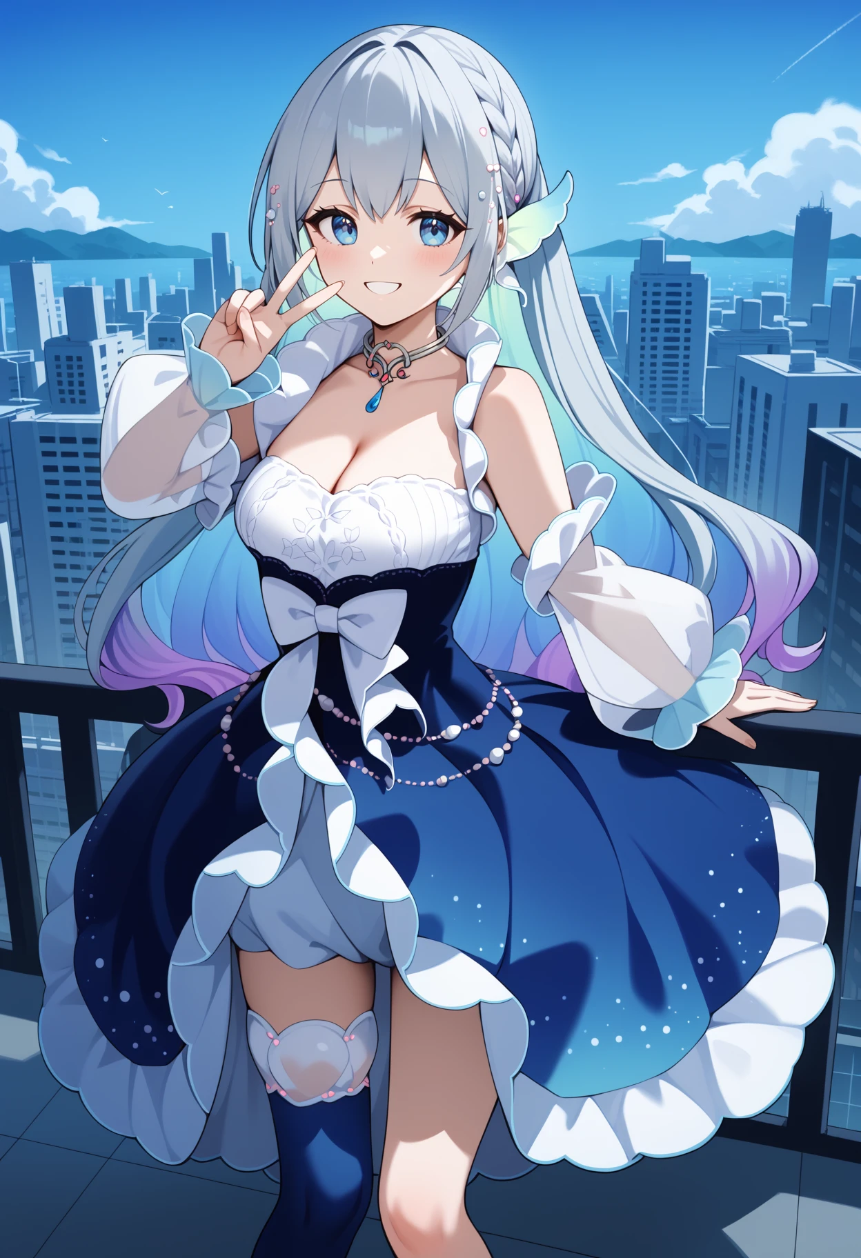 (absurderes, hight resolution, ultra-detailliert, nffsw, Cinematic), Solo, 1girl in, Mature, Happy, girl standing in Light blue flower field, Light blue flower petal surrounding girl, Full body, Girl with long blue hair, Light blue hair, Fantasy, Dreamy, yuki, Official art, pop-art, profile, ultra-detailliert face, ultra-detailliert eyes, Light blue flower field, ultra-detailliert field, white blue sky, Cold, Light blue, white, Nebulae in the sky, Blue tree, watercolor paiting, pastel color