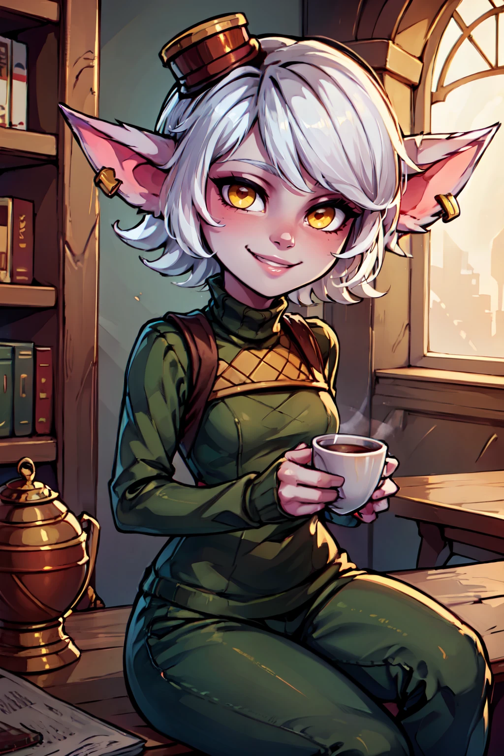 ((masterpiece,best quality)), absurdres,  BREAK, , <lora:Tristana_Leagueoflegends:0.7>,  zzTristana, yordle, yellow eyes, pointy ears, white short hair,  purple skin, , BREAK, turtleneck sweater, earrings, library, cup of coffee, sitting at table, BREAK, solo, smile, looking at viewer, cowboy shot,