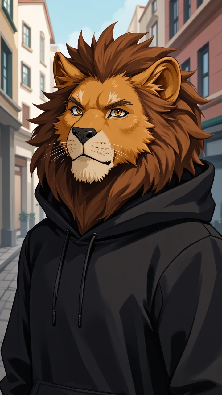 flat 2d anime portrait of a (lion man), furry body, brown fur, (dressed in a black oversized hoodie), character portrait, upper body, city street visible in the distance,