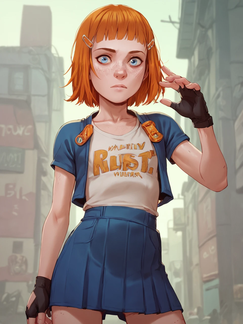 score_9, score_8_up, score_7_up,  score_6_up, BREAK, Vaultgirl, short hair, blue eyes, orange hair, hair ornament, hairclip, fingerless gloves, freckles, white t-shirt, skirt, looking at viewer  <lora:Vaultgirl:1>