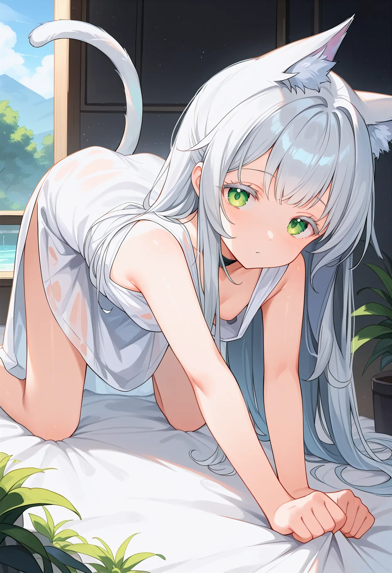 (masterpiece,detailed,highres:1.4), anime artwork (((crystals texture Hair))),((beautiful detailed glass hair)), sparkle, lens flare, 1girl, white hair, solo, thigh highs, side pony tail, black thigh highs, looking at viewer, window, small breast, flat breasts, blush, smile, bangs, anime style, key visual, vibrant, highly detailed, red and green eyes, porcelean skin, fox ears, fox tail, fluffy tail, embarassed, looking up, wet skin, naked, crying