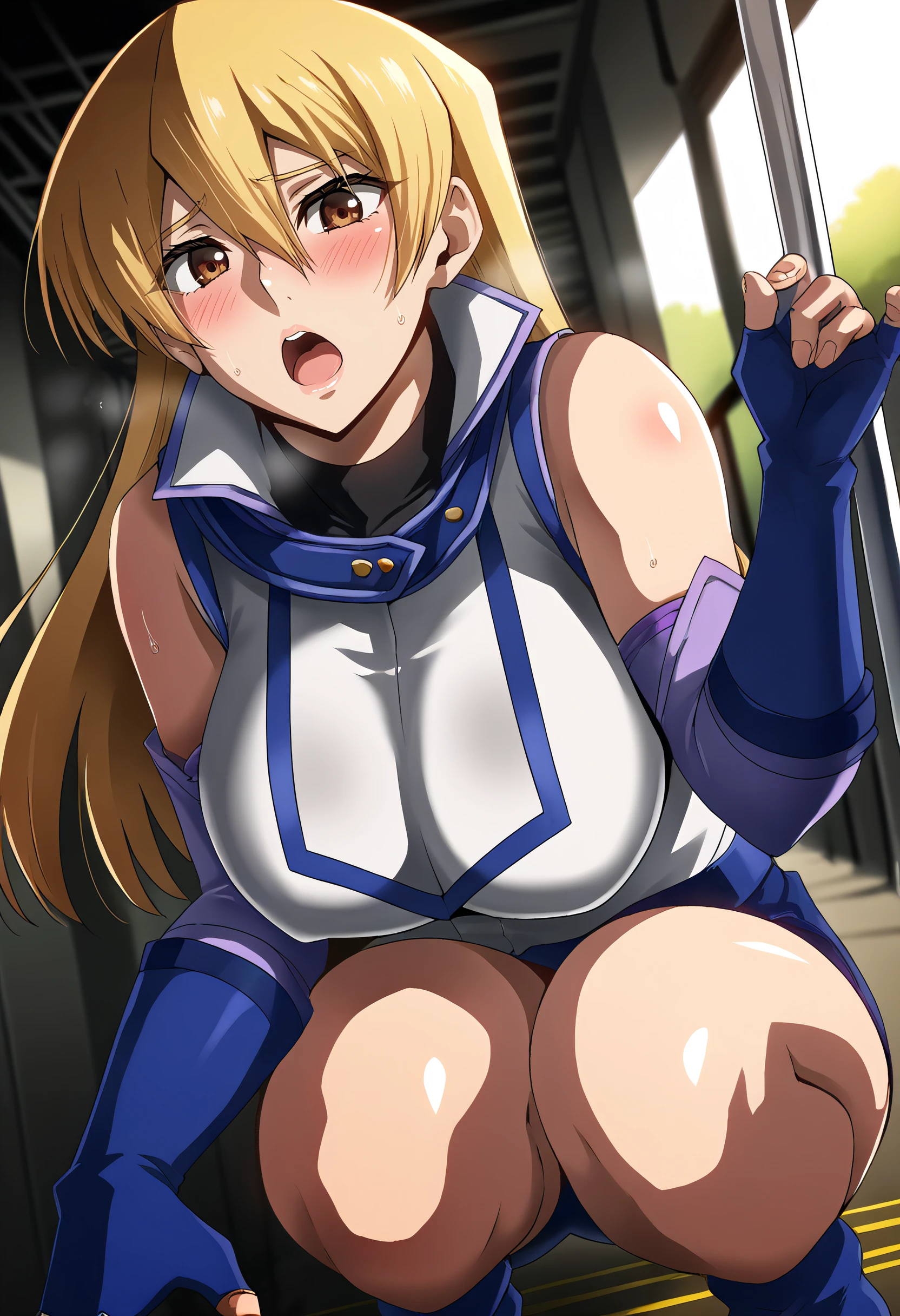 nsfw:1.2,prison,blonde,Braid,blue eyes,Big Breasts,blush,Sweat,Untidy face,light purple leotard,Super High Leg Cut,barefoot,Face down,Lying down,Sticking out tongue,saliva,looks happy,tickle,joy,shy,tears,Ahegao:1.5,Overflowing Sex Fluids、((vagina、SEX、Strong man:1.5))、Penis insertion、Dynamic pose、Roll one&#39;s eyes、Nipple protrusions