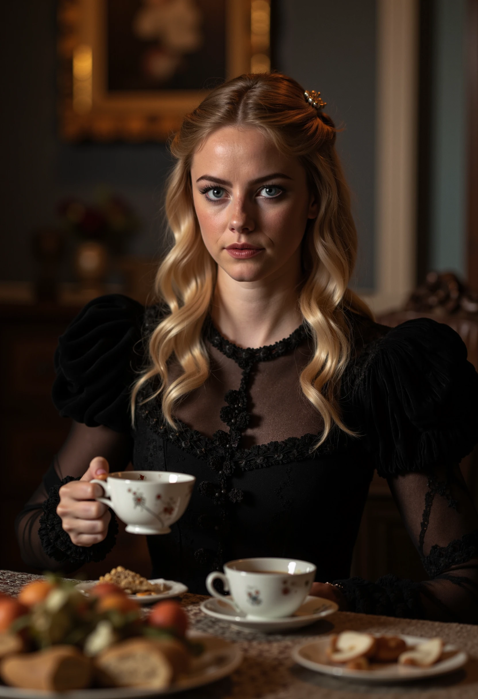 
a victorian dining room, a young woman kayascodelario with blonde hair and black eyes, in dark victorian clothing, seated and drinking some tea with a pensive expression
