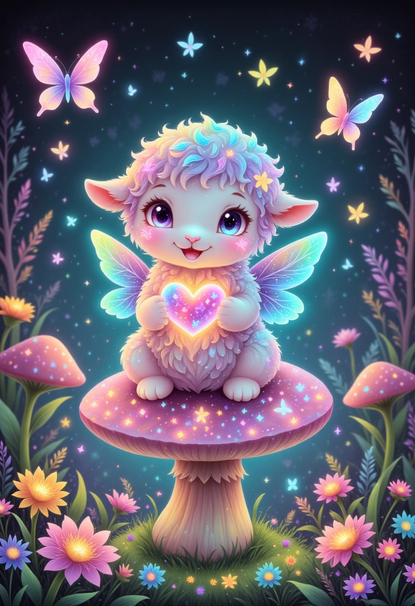 pastel iridescent colors,  glowing,a cute fluffy tiny sheep with transparent wings sitting on a giant mushroom, holding a heart. He looks happy with a big smile. The backgrould is full of colorful flowers and butterflies