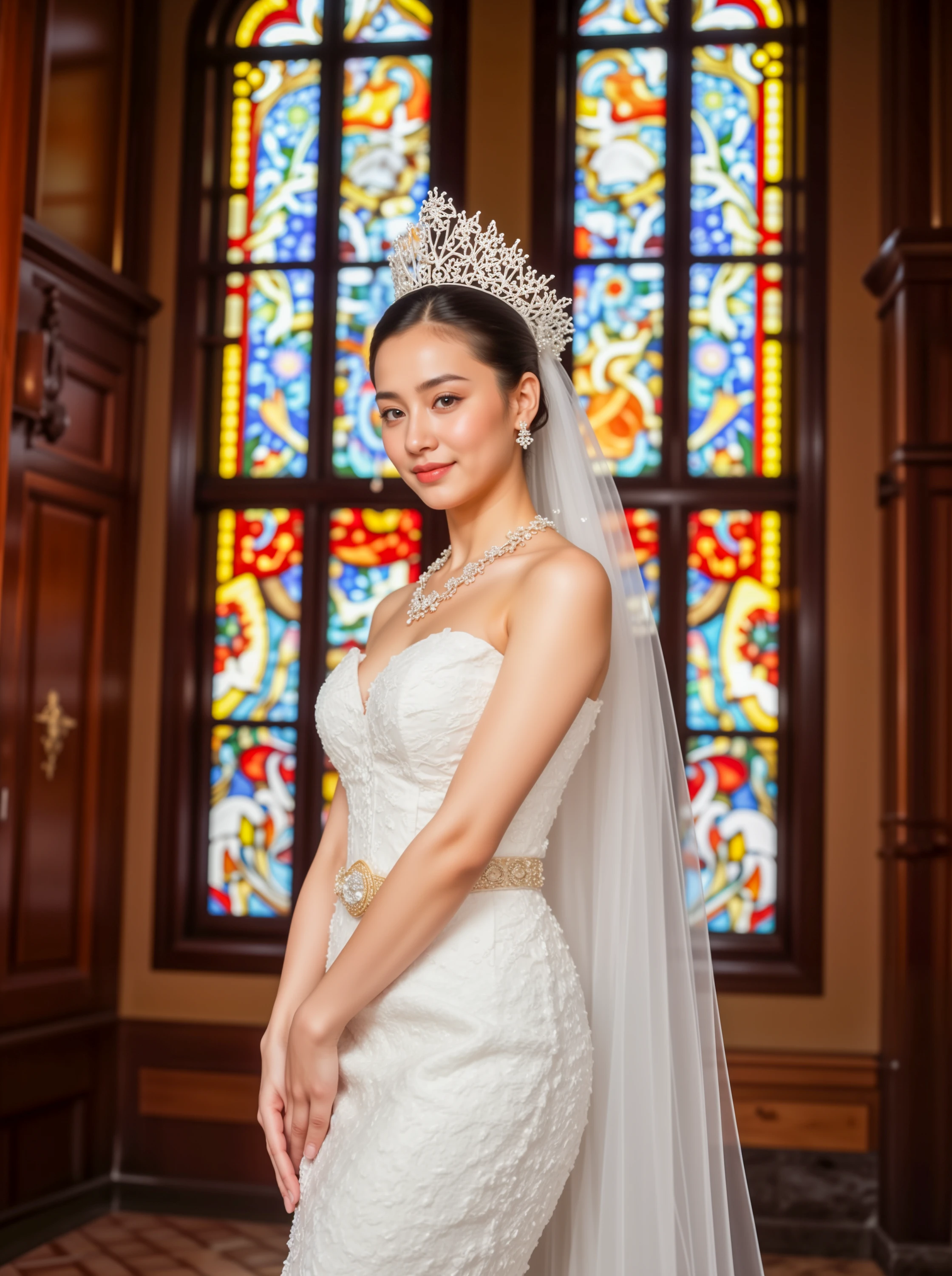 Sabaihtai, ,A bride with bridal veil in a white, intricately designed detail thai traditional dress,thai detail dress, standing in front of a grand stained glass window inside a cathedral. The camera captures a mid-shot with colorful light filtering through the intricate glass, casting a vibrant glow on the elegant dress.
<lora:Thai_tradional_dress_Flux_-000005:1>