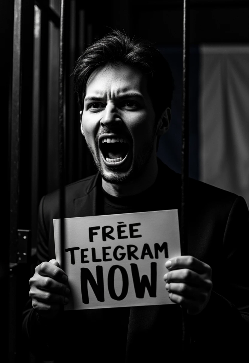 A close up shot Photo of Pavel Durov in a dark, intense setting. He is screaming an dactiling like a madman.


 Durov is inssde a   french prison  with a french flag in the background. He is behind bars. 


He is holding a sign that spells "Free Telegram NOW"


Durov’s stance is powerful and confident, 




  dramatic lighting highlighting Durov as the focal point of the scene, emphasizing his dominance and control over the situation