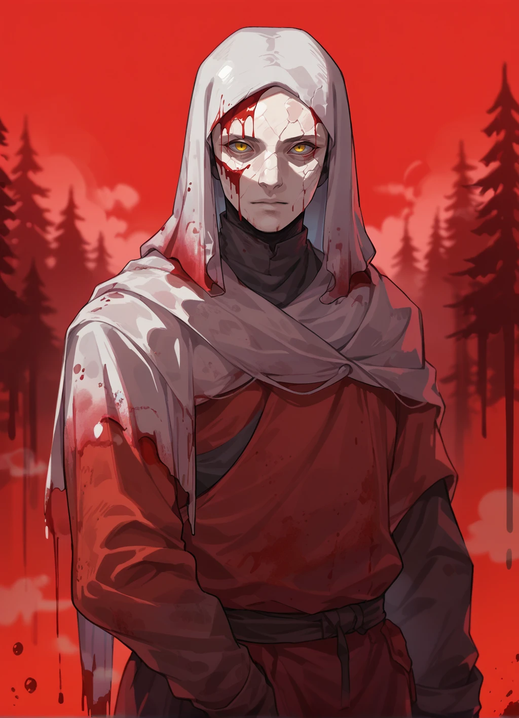 score_9, score_8_up, score_7_up, source_anime, glitch, standing, forest,blurred background, (fog:1.2),blood,red background, solo, white-faced_varre, mask, hood, yellow eyes, <lora:white-faced_varre:0.8>