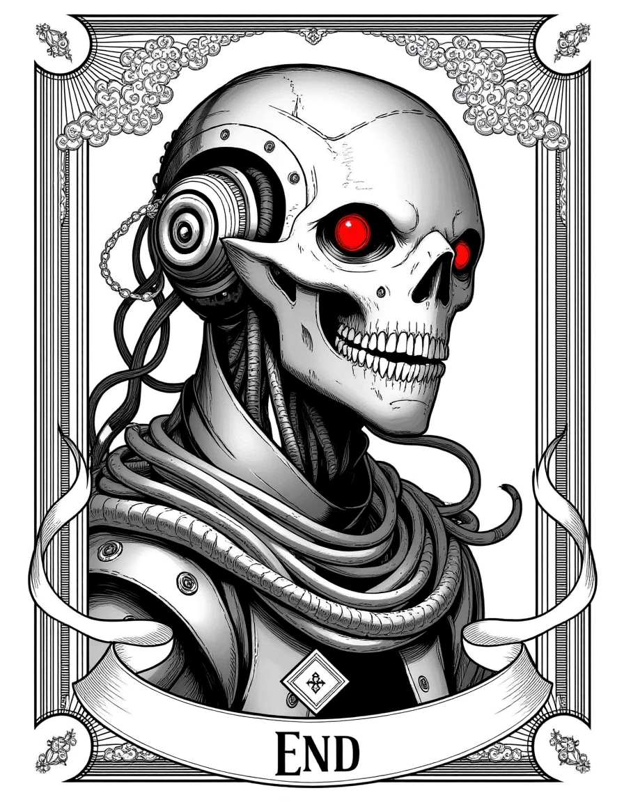 A silver cyborg with red eyes, black and white, a text saying "End", tarot card