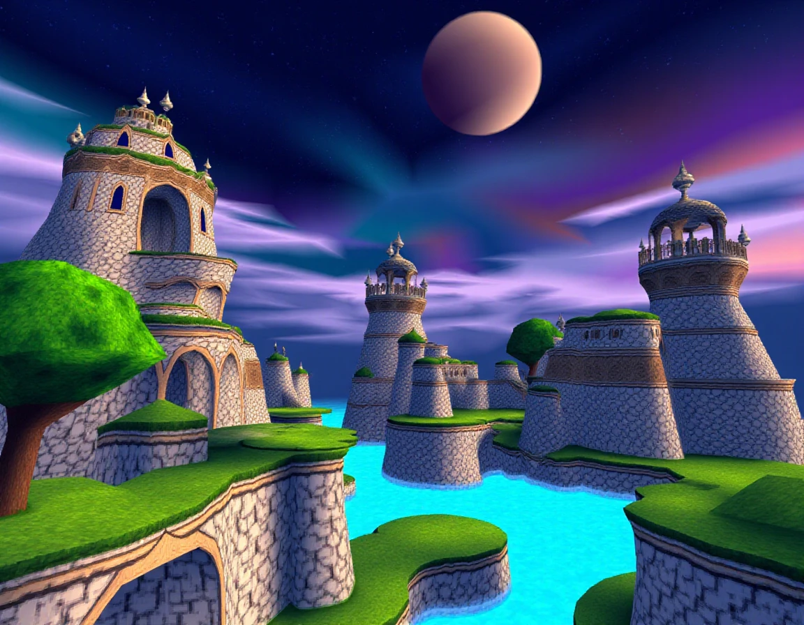 A Spyyyrouuu style world, the name of this world is: Galactic Gardens, scenery, outdoors, unique color sky, space,  rivers, planet, hills, architecture, trees, <lora:Spyro Worlds Flux_epoch_5:2.8>