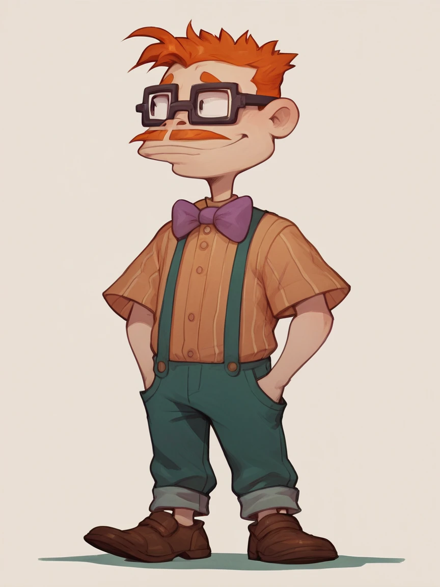 score_9, score_8_up, score_7_up, score_6_up, score_5_up,  <lora:chasfinsterXLP:1> chas finster, 1boy, bowtie, glasses, mustache, orange hair, full body, solo