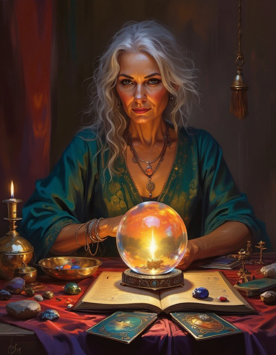 digital painting portrait of an older handsome gypsy woman sits behind a table strewn with scrying devices a glowing crystal ball and tarot cards and stones tied with wire fortune-teller gypsy in her tent varied hangings