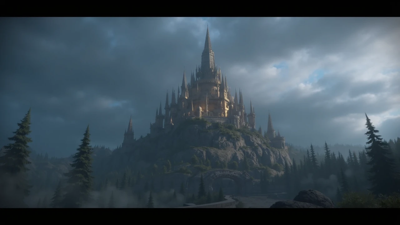 wrcrftcnmtc, cinemtaic, letterboxed game trailer frame, detailed fantastical depiction of a grand castle-like structure perched atop a rocky outcrop. The castle is bathed in a warm golden hue contrasting with the cool muted tones of the surrounding landscape. The sky above is painted in shades of deep blue and gray with a few wispy clouds adding depth to the scene. The castle itself is intricately designed with multiple spires turrets and a central tower with a pointed spire. The surrounding terrain is dense with trees and shrubs and there's a pathway leading to the castle with a stone archway at its base. The color palette is dominated by cool blues and greens punctuated by the warm golden tones of the castle, dark fantasy, film grain, dark and eerie atmosphere. <lora:sxz-Warcraft-Cinematic-Flux:1>