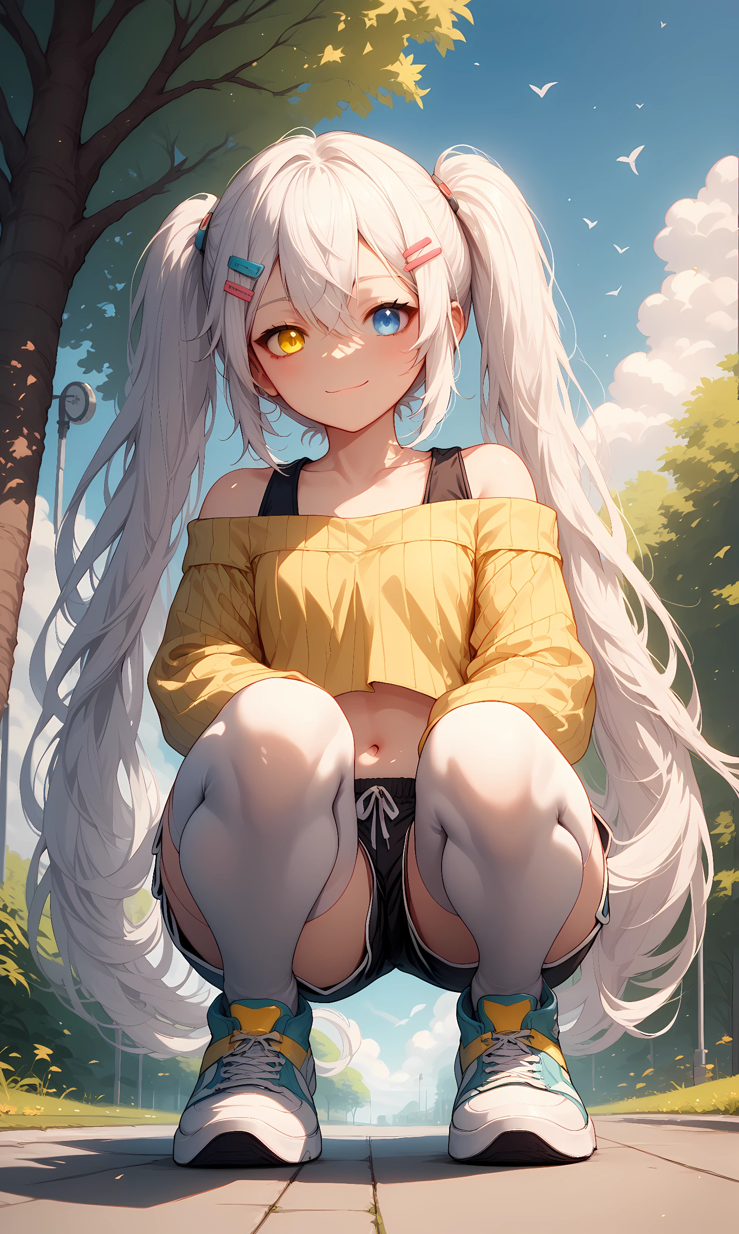 score_9, score_8_up, score_7_up, BREAK source_anime, 1girl, solo, outdoors, park, cowboy shot, looking at viewer, scarxzys, white hair, absurdly long hair, twintails, blue eyes, yellow eyes, heterochromia, bangs, hair clip, crop top, ribbed sweater, yellow sweater, off shoulder, long sleeves, navel, black shorts, dolphin shorts, white thighhighs, white sneakers, close-up, smile, closed mouth, squatting, from below, full body 