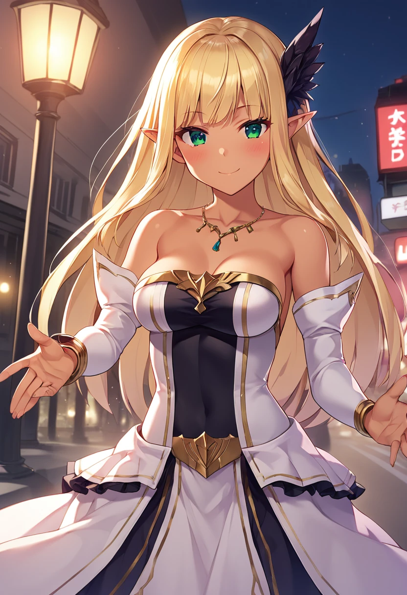 eveam_gran_early_evening, blonde hair, long hair, pointy ear, dark-skinned female, medium breasts, green eyes,detached sleeves, maou dress, strapless dress, BREAK outdoors,city street, night BREAK sexy pose, looking at viewer, sexy face, sexy smile, cowboy shot, dynamic pose,  BREAK score_9, score_8_up, score_7_up, source_anime ,zPDXL, <lora:Eveam_Gran_Early_Evening:0.8>