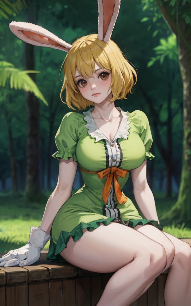 outdoors, lens flare, depth of field, bokeh, vanishing point, solo, looking at viewer, BREAK ((masterpiece, best quality)), 
GreenDress_Carrot_ownwaifu,
1girl, blonde hair, rabbit girl, short hair, furry female, rabbit tail, animal ears, brown eyes, rabbit ears, large breasts, animal nose, body fur, white fur, colored skin,
green dress, puffy short sleeves, cleavage, green skirt, bow, collarbone, white gloves, frills, green shirt, short dress,
(sitting, head tilt)<lora:ONEPIECE_Carrot_ownwaifu:1>, 
 insaneres, absurdres,