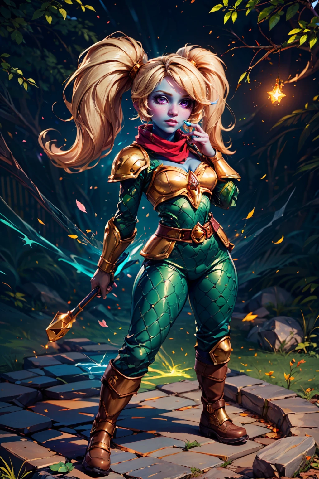 (ultra realistic,32k, masterpiece:1.2),(high detailed skin:1.1),( high quality:1.1), BREAK,   <lora:Poppy_Leagueoflegends_v2:0.8>,  zzPoppy, yordle, shortstack, purple eyes, blonde hair, twintails, blue skin, golden armor, red scarf, green snakeskin shirt, green snakeskin pants, brown boots, confident stance, energetic pose, standing strong in a vibrant battlefield, magical aura, glowing lights, ethereal atmosphere,  BREAK,  blooming stars, luminescent petals, otherworldly fragrance blurry background, (looking at viewer, standing:1.1), huge breast, large breast, <lora:add_detail:0.92>, (glowwave:1.1),