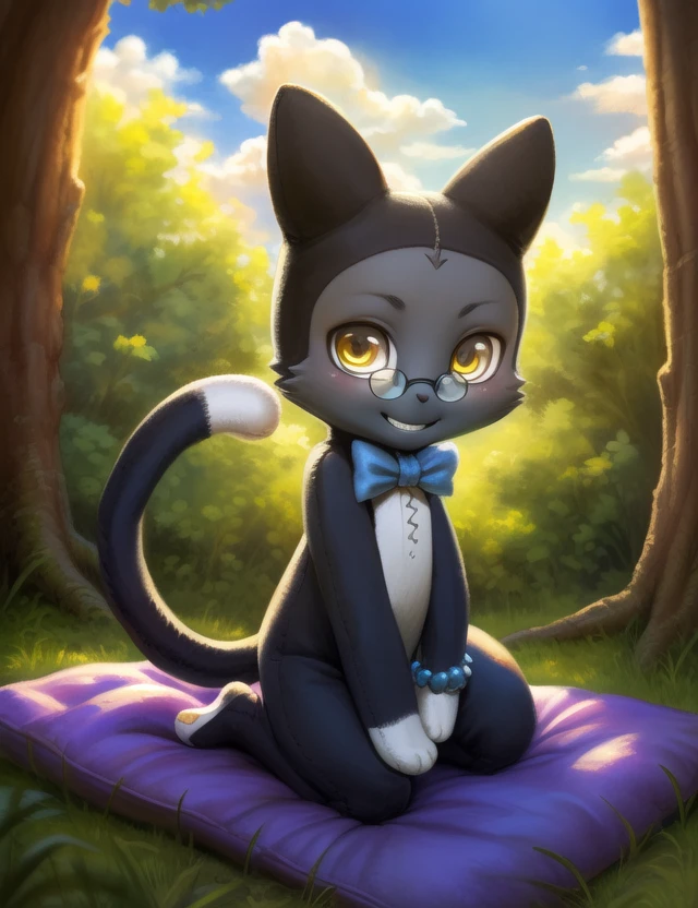 <lora:LuciaPopinQYif:1> LuciaPopinQ, cat, Gold eyes, blue bracelet, glasses, (plush doll body,) chibi, nude, naced,
Looks at the viewer,  grin, (kneeling one leg)
[ large window, (nature), forest, grass, day shining, clouds, flowers, blanket, blue pillows, candles, bed, (pillows,) ](solo focus),
(beautiful, aesthetic, perfect, delicate, intricate, saturated colors), masterpiece, digital drawing, best quality,
[by kenket|by totesfleisch8], by thebigslick:by silverfox5213:0.8], [by syuro, by paloma-paloma::0.2, (Tricksta, TotesFleisch8)