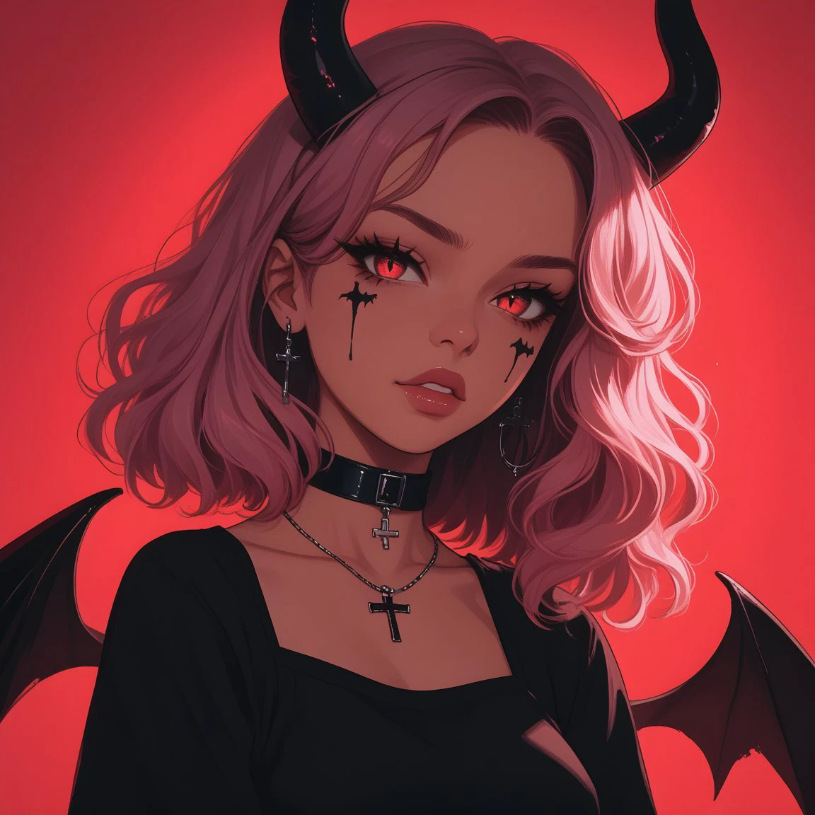 1girl, aesthetic anime girl, demon horns, gothic style, black outfit, choker with pendant, dark makeup, wings,pink and red lighting     <lora:Gothic_demon_girl-000003:0.7>