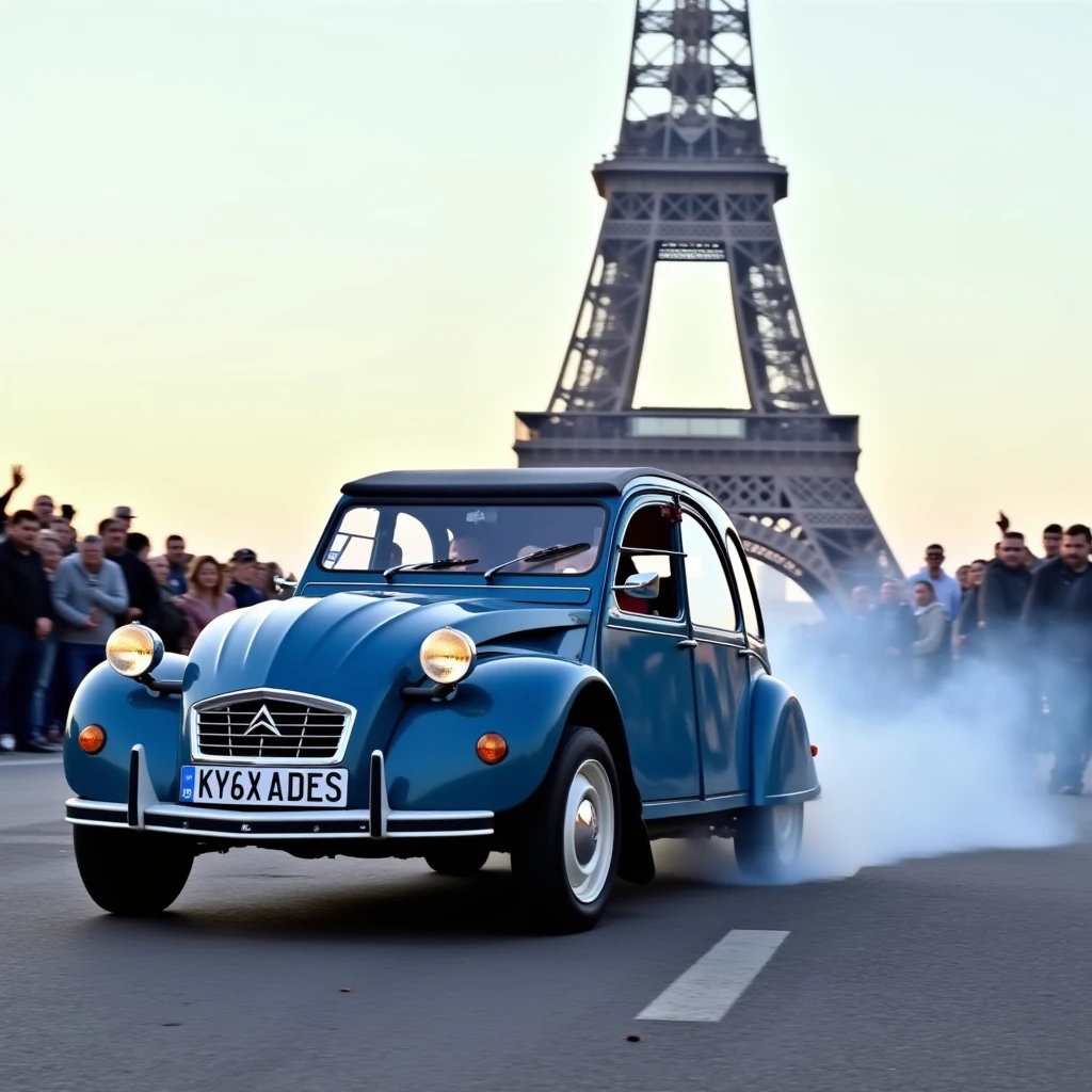 2CV, a deep blue car is drifting in front of the eiffel tower. It's leaving Skid marks and smoke. A crowd is cheering  <lora:2CV:0.8>