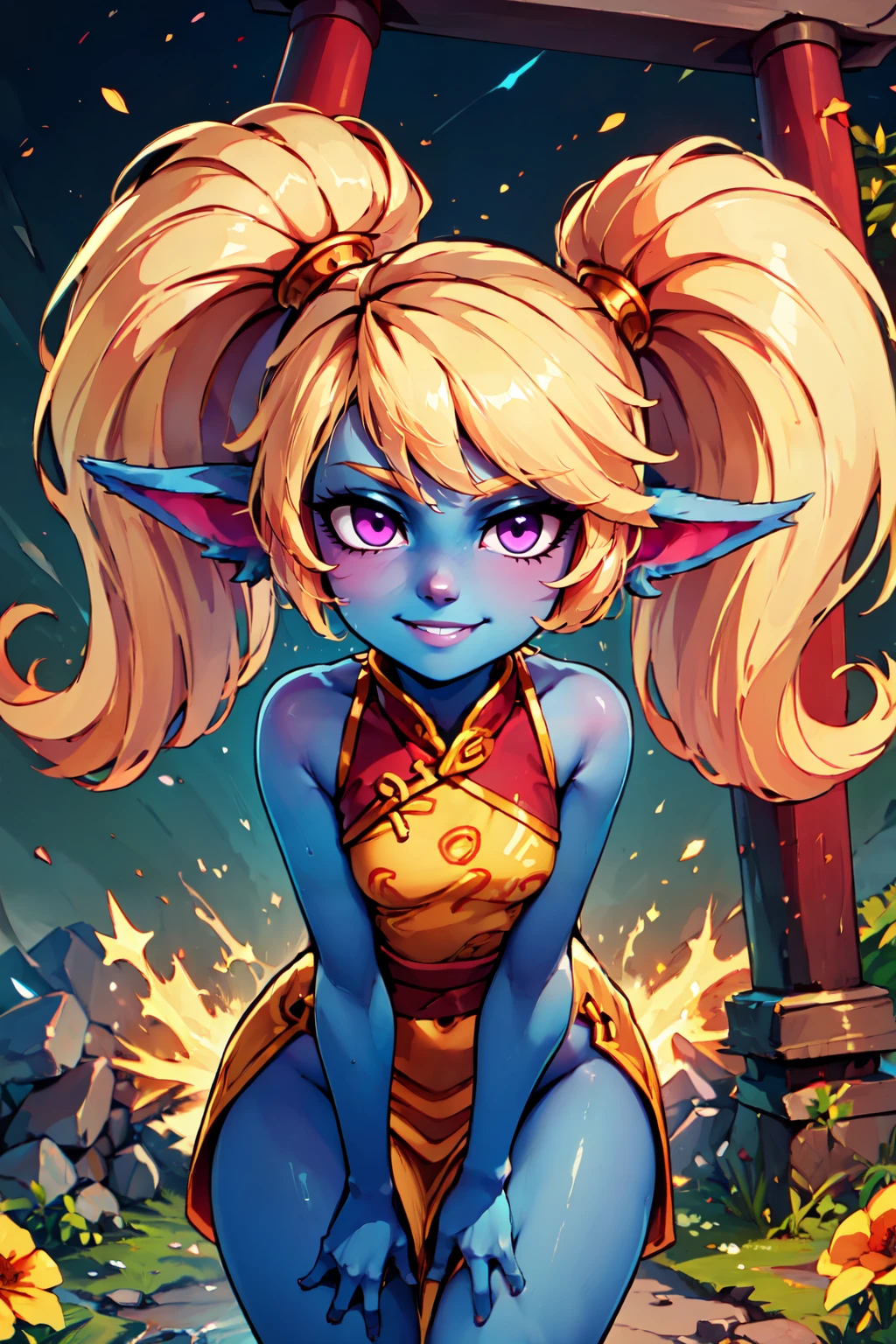 ((masterpiece,best quality)), absurdres,  BREAK, , <lora:Poppy_Leagueoflegends_v2:0.8>,  zzPoppy, yordle, shortstack, purple eyes, blonde hair, twintails, , BREAK,  china dress, pelvic curtain, side slit, sleeveless, print dress, covered navel, no panties, outdoors, night, torii, shrine, east asian architecture, leaning forward, hand on own thigh, from above,, BREAK, solo, smile, looking at viewer, cowboy shot,