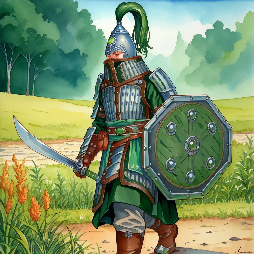 score_9_score_8_up, score_7_up, 2d, watercolor, traditional media,
JadeWarrior, armor, helmet, plume,
holding sword, holding shield, sword and shield,
 <lora:JadeWarrior_PonyXL:1>