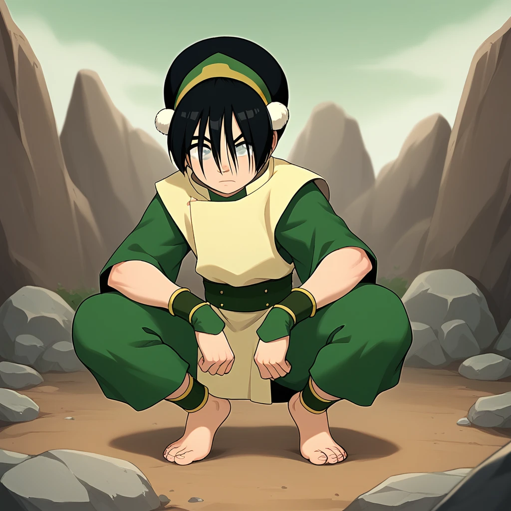 score_9_up, score_8_up, BREAK, 1girl, solo, TophBeifong, black hair, short hair, hair between eyes, blind, grey eyes, hairband, tunic, full body, squatting, spread legs, barefoot,   <lora:TophBeifong_TheLastAirbender_PXL_Leaf1:1>, outdoors, rock,