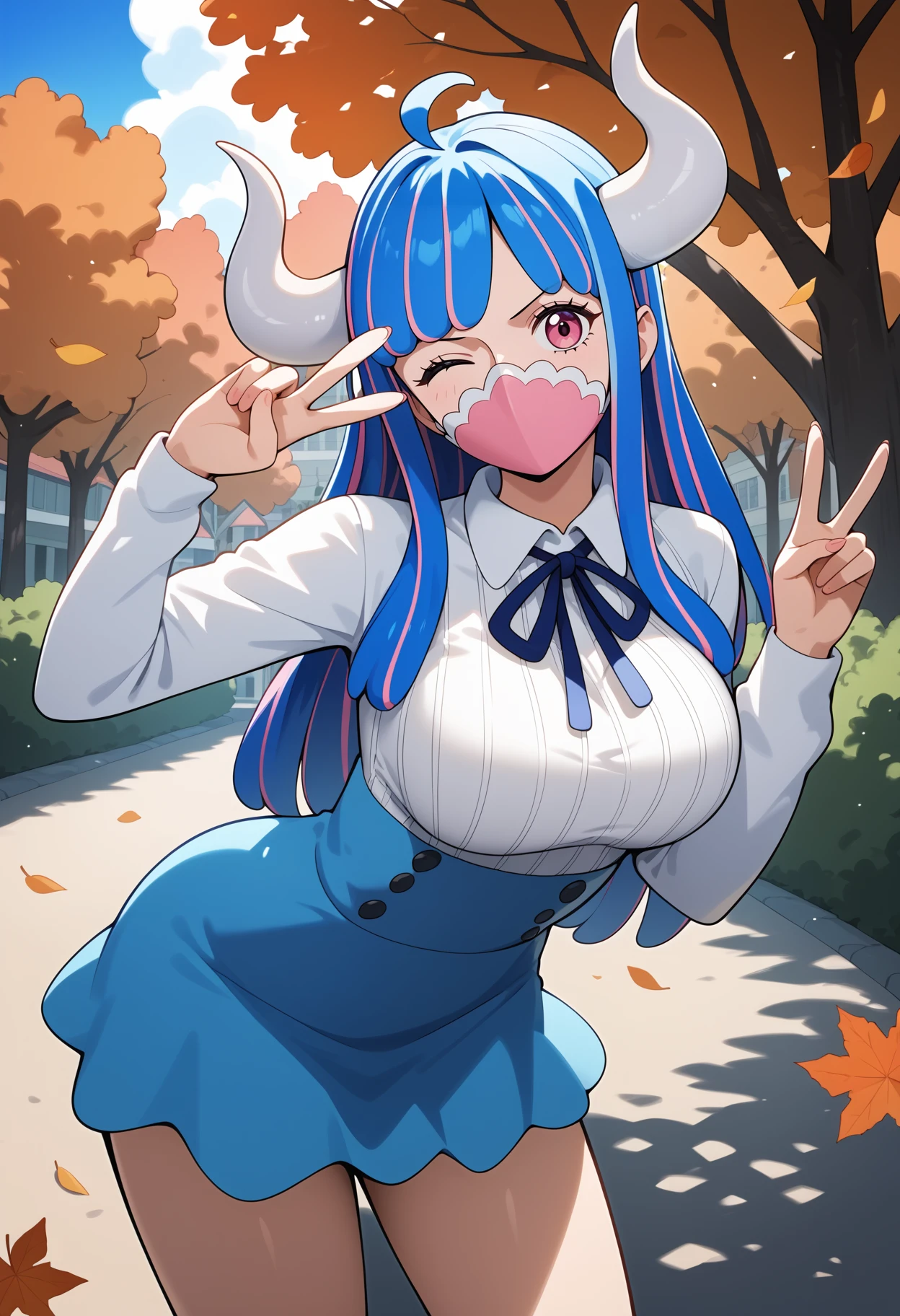 score_9, score_8_up, score_7_up, score_6_up, score_5_up, score_4_up, source_anime, aaulti, long hair, multicolored hair, blue hair, ahoge, horns, pink eyes, mouth mask, pink mask, large breasts, neck ribbon, ribbed shirt, white shirt, long sleeves, high-waist skirt, blue skirt, <lora:ulti_(one_piece)_ponyxl_v1:0.9>, standing, outdoors, autumn, peace sign, one eye closed, leaning forward, standing, cowboy shot, smile