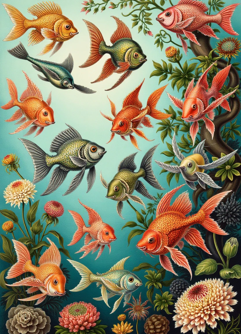 ernst_haeckel_style, fish swimming in the ocean