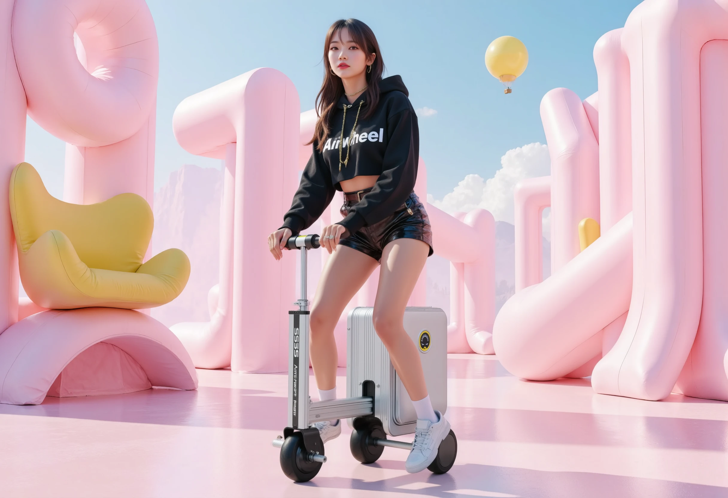 A highly detailed, photorealistic image of a model riding an Airwheel—a modern-looking white and silver suitcase equipped with sleek wheels and an extendable handle—as she effortlessly glides through a surreal, inflatable world. The model sports an edgy streetwear outfit: a cropped black hoodie with bold graphic reads Airwheel, paired with shiny black leather shorts and chunky white sneakers. Her look is completed with stylish accessories like layered chains and statement rings, giving her an urban, rebellious vibe.

The background features a bizarre, dreamlike landscape filled with enormous inflatable objects—massive, colorful shapes float in the sky, ranging from inflated animals to abstract forms. The ground is soft and bouncy, made of inflatable material, and the walls around her are also inflated, creating a playful yet otherworldly environment. Some walls are transparent and filled with shimmering lights that pulse in rhythm with the environment, while others are brightly colored, featuring oversized inflatables of familiar objects like chairs and art pieces.

As she navigates through this surreal world, the Airwheel's movement leaves a slight ripple effect on the ground, making everything seem fluid and soft. The sky above is an iridescent blend of pastel shades, with inflatable hot air balloons and floating neon signs hanging lazily in the air. The entire scene feels like a whimsical fusion of a futuristic playground and an inflatable art installation, with the model exuding confidence and style as she moves effortlessly through this bold, surreal landscape.