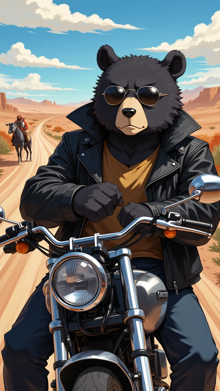 flat 2d anime illustration,(bear man),black fur, slight smirk,wearing sunglasses, wearing a leather jacket and leaning on a motorcycle, desert highway in the background