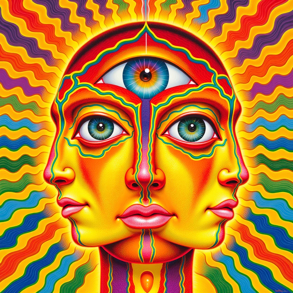 AX6RY, colorful head with three faces, large central eye above heads, wavy colorful lines radiating outward, yellow and orange predominant colors