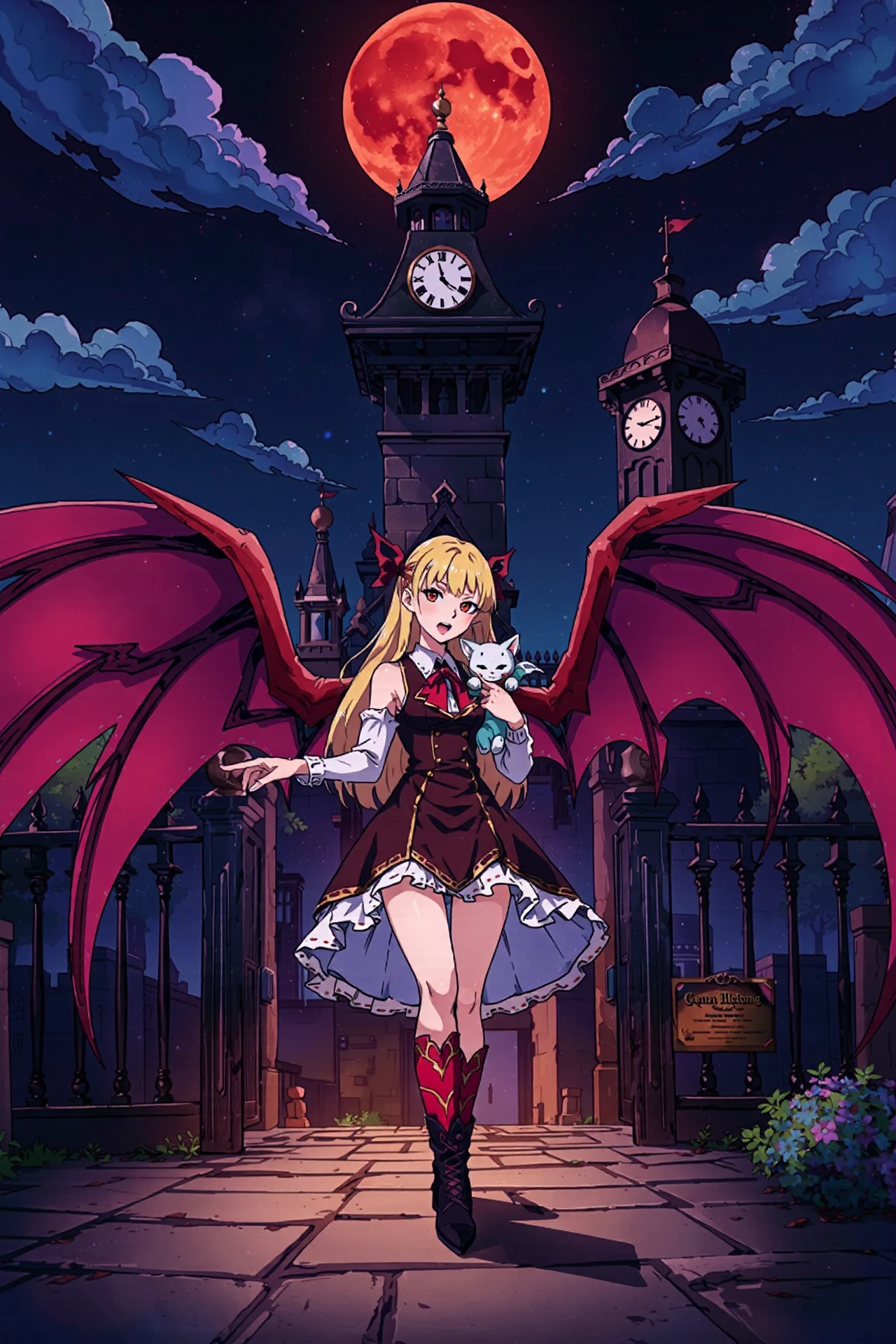 <lora:mistoonanime_flux:0.8>
inzaniak,1girl,solo,highres,absurdres,wolf,multicolored hair,wings,red moon,moon,red hair,slit pupils,tower,duel monster,gradient hair,night,absurdres,glowing,bloody tears,yu-gi-oh!,gate,full body,glowing eyes,outdoors,holding animal,dress,clock,boots,vampire fraulein,cracked skin,open mouth,long hair,1girl,yuanhe mx,castle,blood,red eyes,animal,detached sleeves,bat wings,bat \(animal\),vampire,fingernails,blonde hair,bare shoulders,clock tower,solo,highres