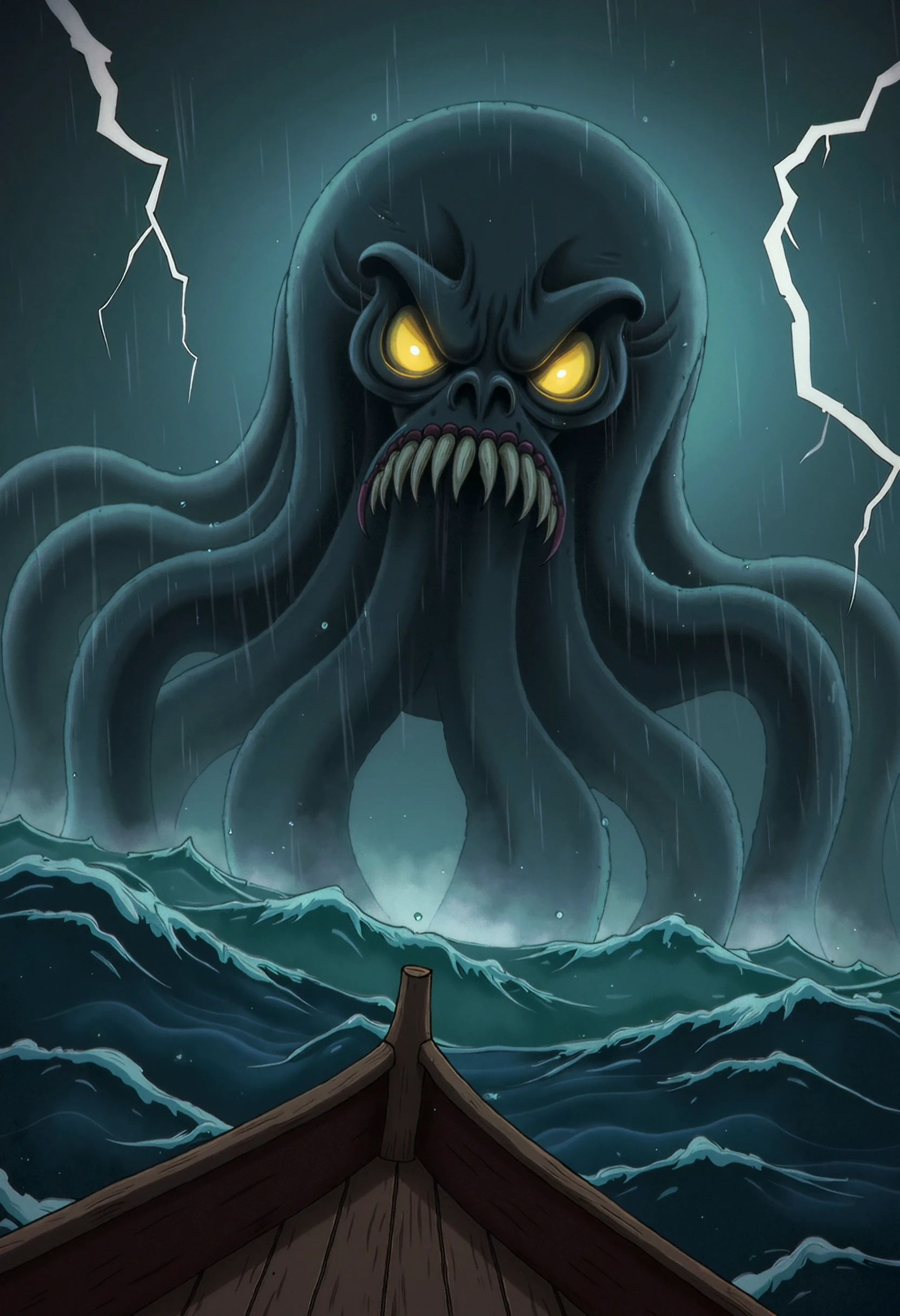 RU883R, A colossal Lovecraftian tentacle creature with a sinister toothy grin and massive yellow eyes rises ominously from the dark, churning ocean, its massive form obscured by sheets of rain. Jagged bolts of lightning crackle across the stormy sky, illuminating the creature's writhing tentacles in brief, terrifying flashes. The view is from the deck of a wooden boat looking up at the creature.