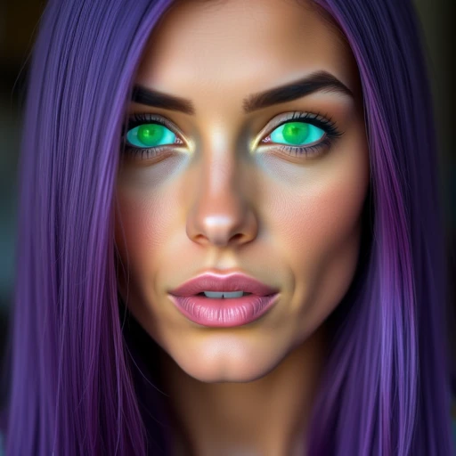 Photographic portrait of a beautiful woman with green tinted eyes eyes, green sclera, long straight purple hair.