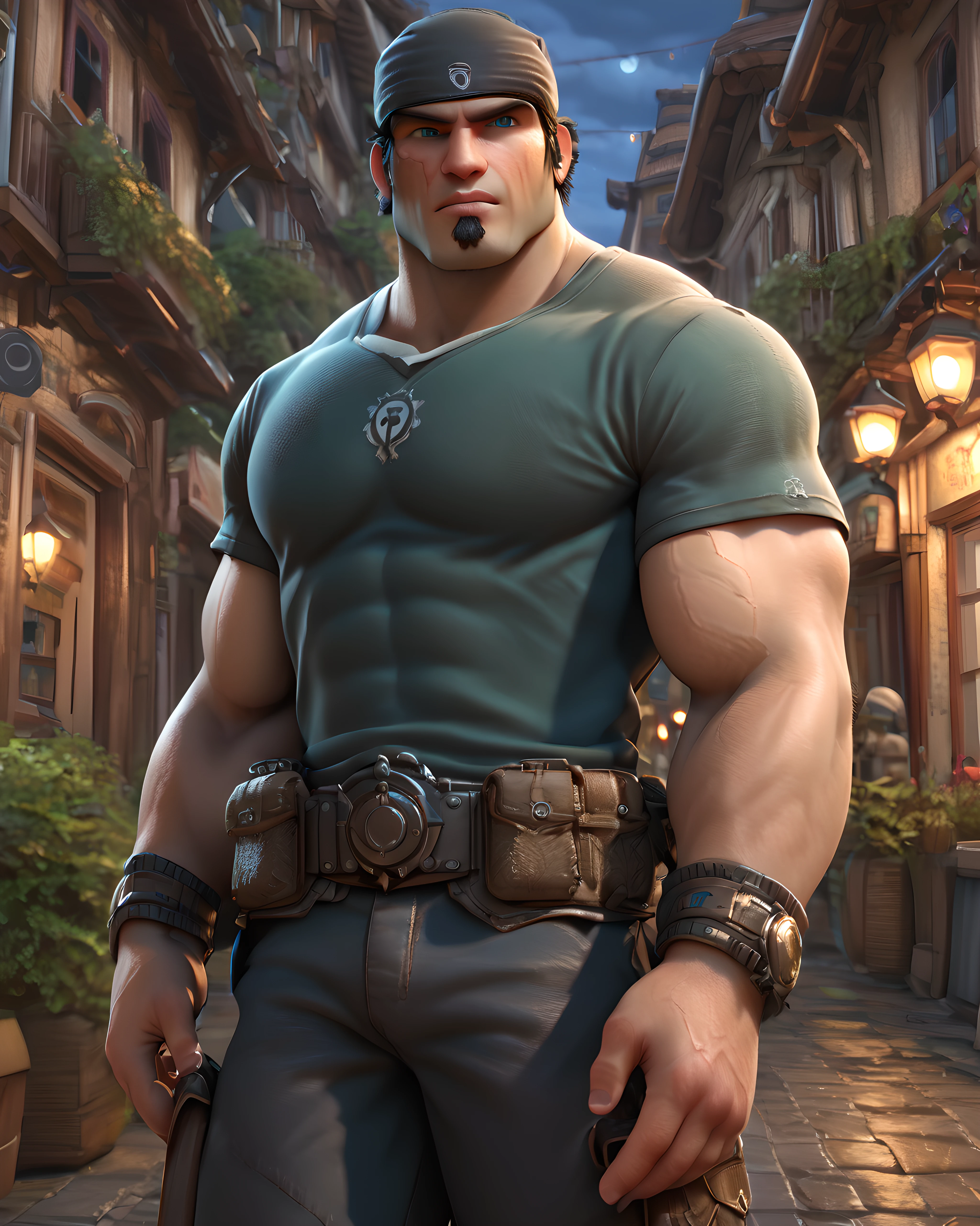 <lora:Marcus_Fenix_PonyXL-10(2):0.95> og_marcus_fenix, bandana, t-shirt, long pants, town, night, outdoor, (muscular), scar, cowboy shot, goatee, looking at viewer, blue eyes, black short hair, belt, score_9, score_8_up, score_7_up,