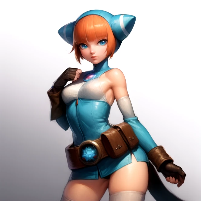 solo, cowboy shot, <lora:linBreathOfFire:0.8>, lin_bof, hood, cat hood, cat ears, short hair, orange hair, bangs, sidelocks, blue eyes, bare shoulders, detached sleeves, elbow gloves, short dress, leotard, belt, belt pouch, thighhighs, fingerless gloves, cat tail, best quality, ultra high res