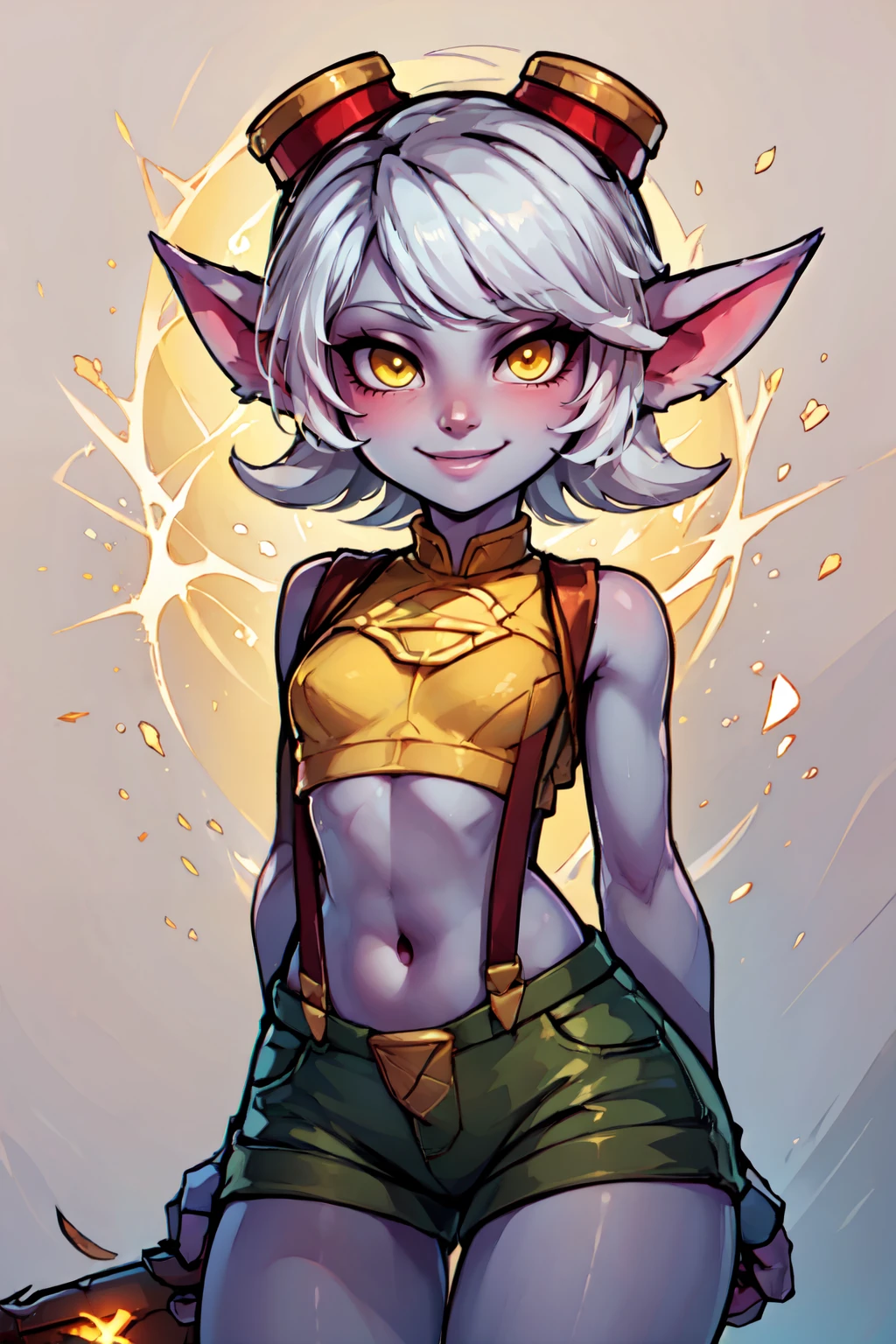 ((masterpiece,best quality)), absurdres,  BREAK, , <lora:Tristana_Leagueoflegends:0.7>,  zzTristana, yordle, yellow eyes, pointy ears, white short hair,  purple skin, , BREAK,  <lora:Misty_Pokemon_Cosplay_v3:0.8>,  misty (pokemon) (cosplay), yellow crop top, suspenders,, BREAK, solo, smile, looking at viewer, cowboy shot,