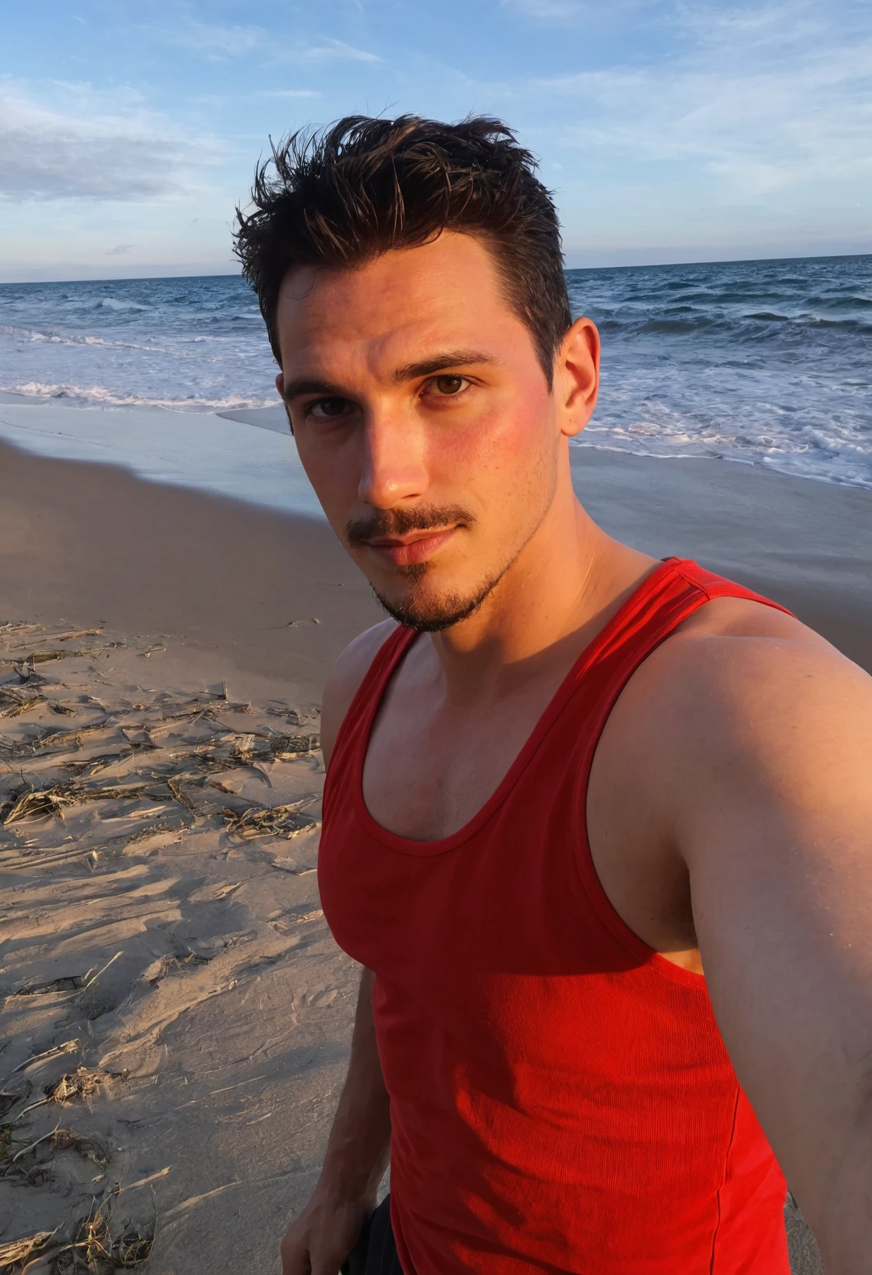 photo of a man, facial hair, wearing a red tank top, at a beach, selfie, looking at viewer, frontview ,  <lora:Mitch_Burns_SDXL:.9>