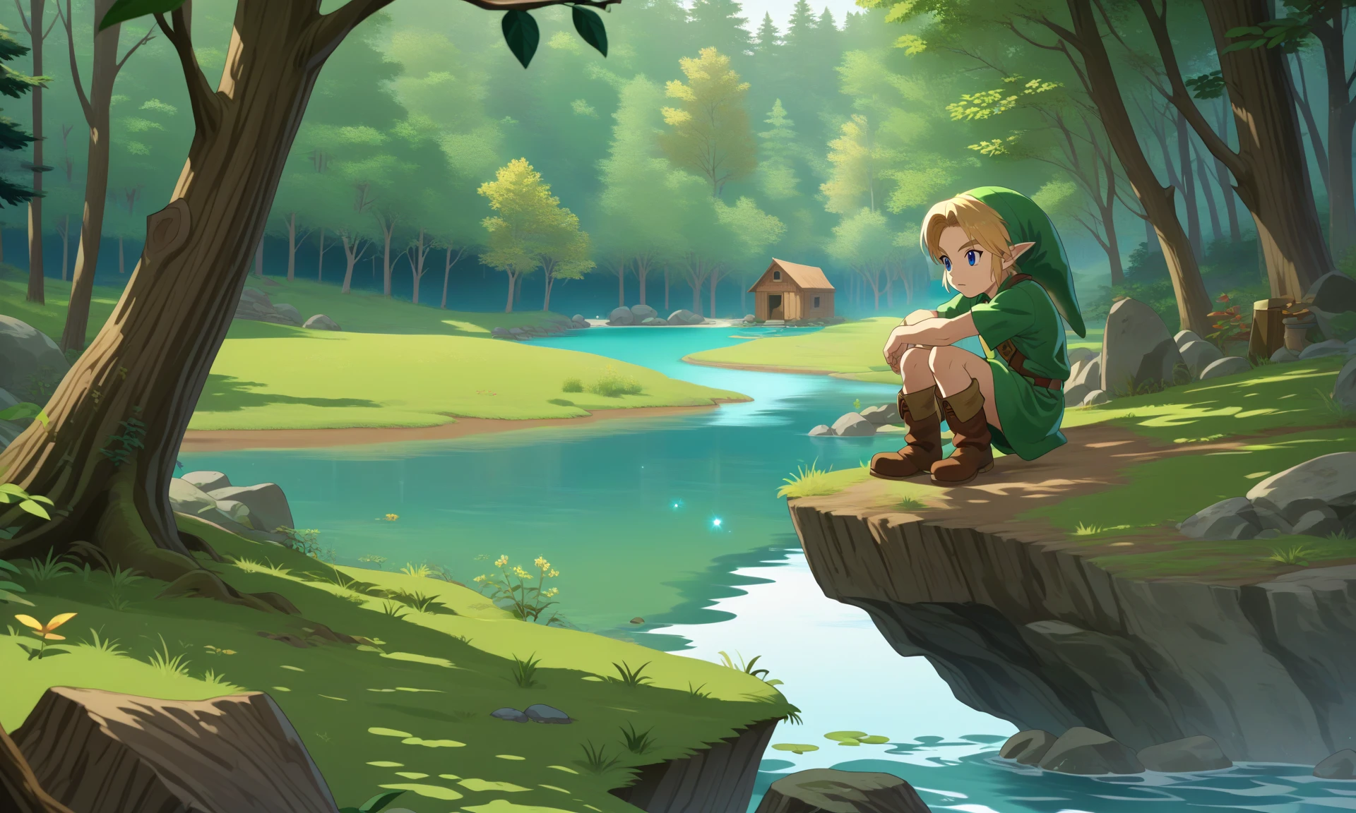 score_9, score_8_up, score_7_up, anime screencap, open field, nature, grass, river, water, rocks, beautiful river, lake, cabin in the distance, forest,
solo, 1boy, younglink, link, blonde hair, blue eyes,
hat, pointy ears, green tunic, boots  <lora:YoungLinkXL:1>