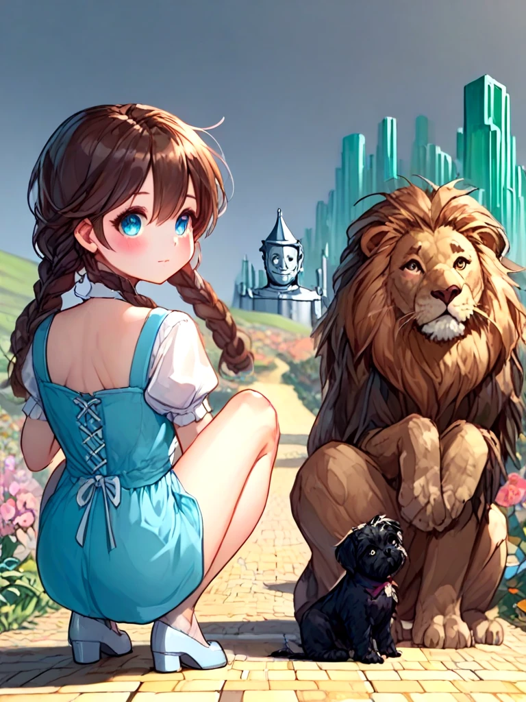 source_anime, oz, dorothy gale, brown hair, blue dress, miniskirt, silver shoes, cowardly lion, black toto, the scarecrow, tin man, looking at viewer, full body, upper body, close-up, emerald city in distance, from behind, looking back, squatting, <lora:girllikewizardofoz_pony:1>