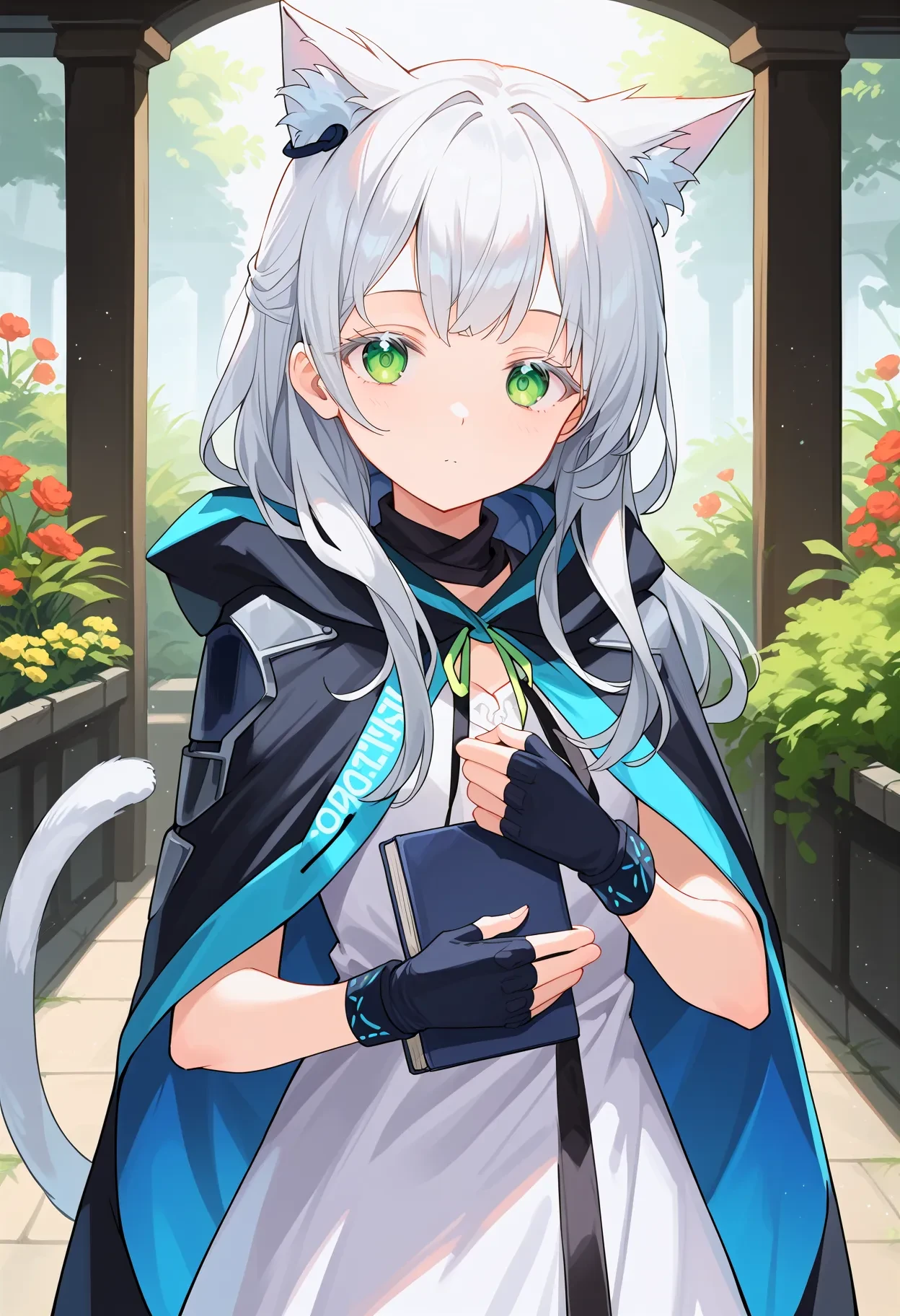 rosmontis, score_9, best quality,
white eyelashes, 1girl, animal ears, green eyes, long hair, cat ears, gloves, fingerless gloves, dress, looking at viewer, holding, black gloves, earpiece, grey hair, cat girl, cat tail, white dress, tail, animal ear fluff, holding book, bangs, hood down, closed mouth, hood, cloak, open clothes,
expressionless, portrait, upper body, standing, garden,
 <lora:rosmontisXL_pony:1>