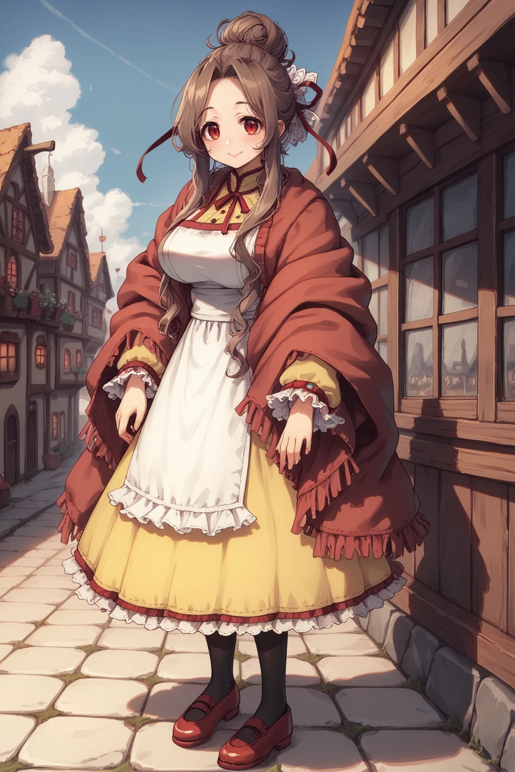 score_9, score_8_up, score_7_up, score_6_up, source anime, BREAK, <lora:Mistel:0.7> , misdef, 1girl, long hair, brown hair, red eyes, hair bun, hair ribbon, ribbon, dress, yellow skirt, frilled cuffs, red shawl, white apron, apron, black pantyhose, red shoes, full body, looking at viewer, smile, happy, mommy, motherly, closed mouth, serene, large breasts, (mature woman), <lora:zy_Detailed_Backgrounds_v1:0.3> , detailed background, highly detailed,  exterior, town, village,  <lora:d4rkpurpXLP:0.6> , d4rkpurp, (solo),