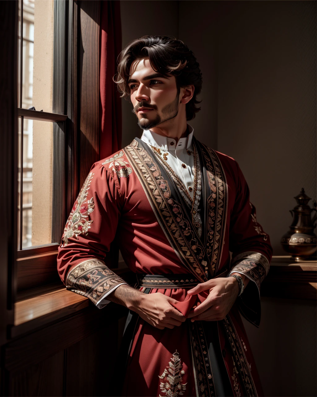 best quality,masterpiece,highly detailed,ultra-detailed,
<lora:neg9V2_last:0.7>
1boy, facial hair, easter
<lora: embroidered-dress:1> traditional clothes, jewelry, embroidered dress, abstract, traditional media,windowsill,