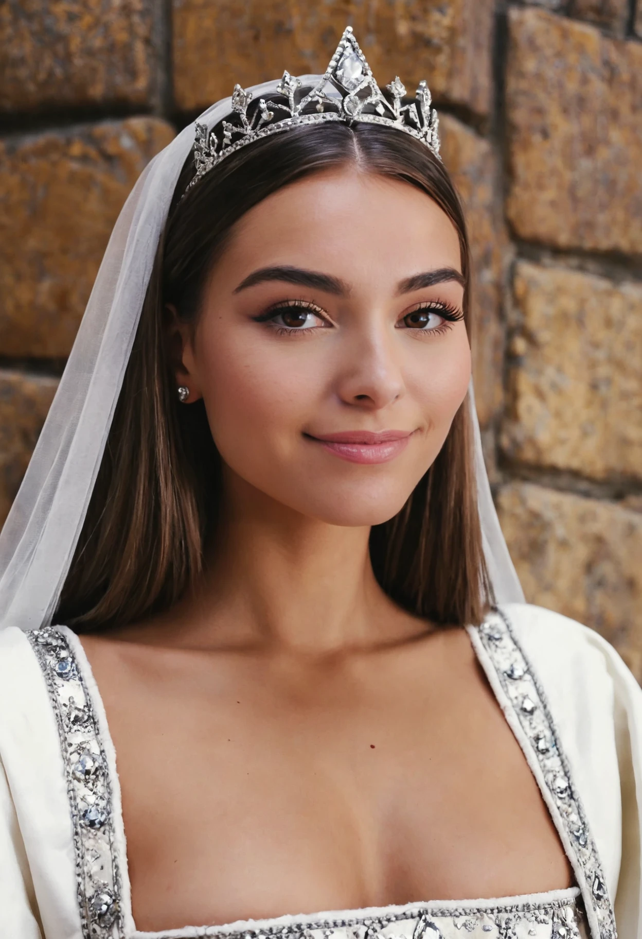 photo of a woman,face focus, m4d1s0n, light makeup,  (Skin texture),High quality,Closeup face portrait photo, analog, film grain, dressed as a medieval queen with a delicate diamond tiara,regal, bright smile,looking at the viewer,   <lora:Madison_Beer_2020_Baby_SDXL:.9>