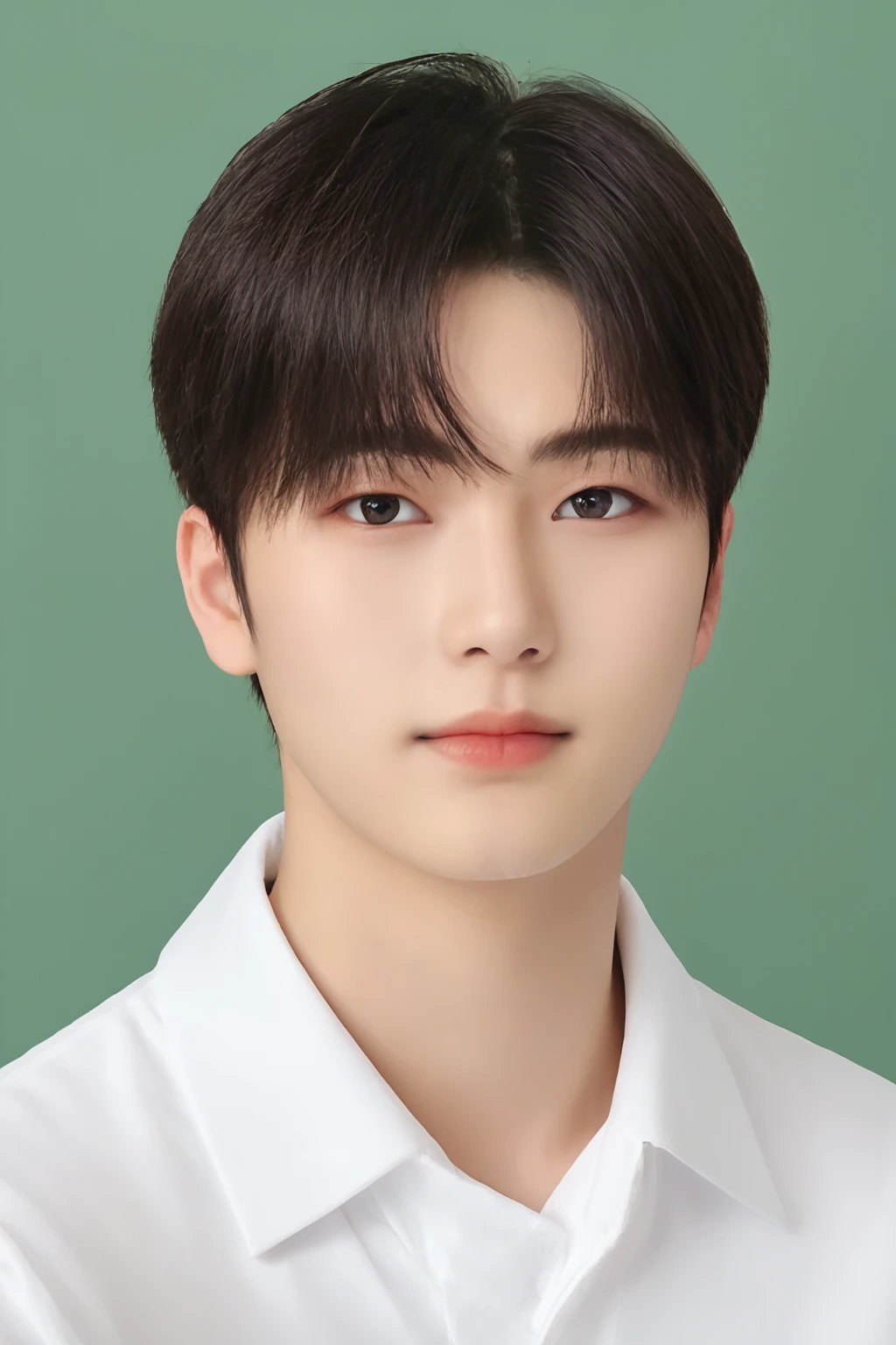 realistic,photorealistic,double-parted bangs,shiny hair,<lora:Kboy2:0.8>,korean1,,green background,solo,collared white shirt, portrait, male focus