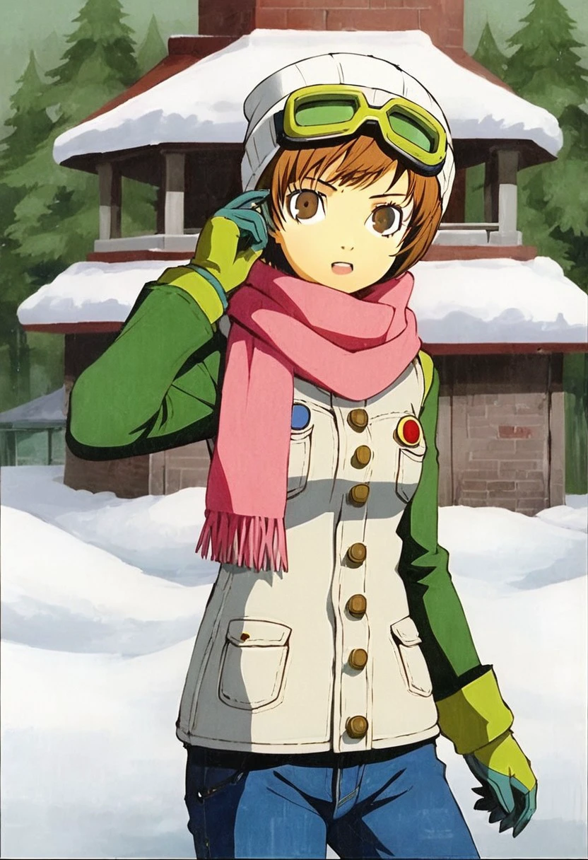 Satonaka Chie, 1girl, solo, brown hair, gloves, hat, brown eyes, white jacket, green sleeves, pants, pink scarf, coat, denim, goggles, goggles on head, white beanie, overalls, ski outfit, snow