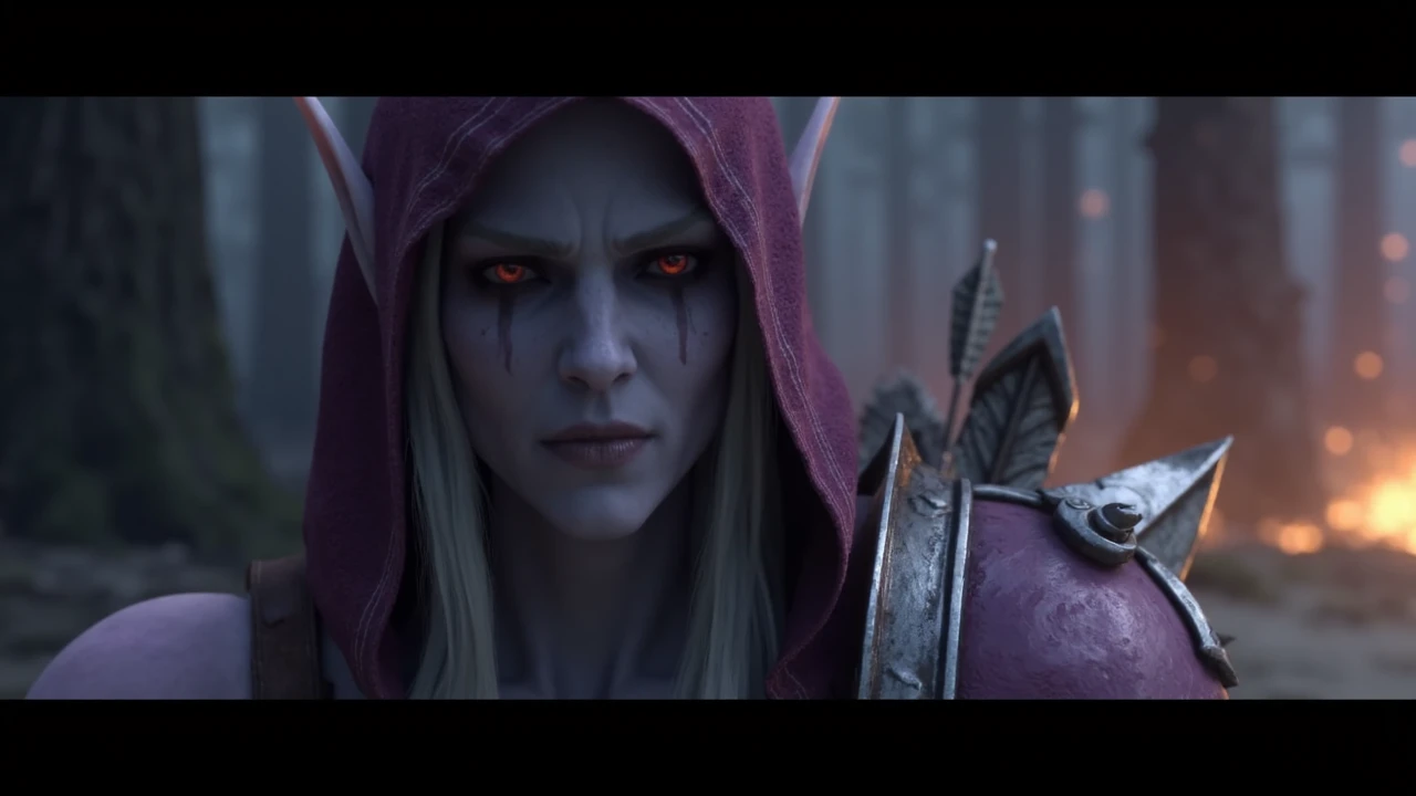 wrcrftcnmtc, cinemtaic, letterboxed game trailer frame, beautiful elf woman Sylvanas Windrunner looking at viewer, red glowing eyes, grey skin, makeup, elf, long eyebrows, angry, purple cloak with silver edges, quiver with arrows on her back, purple armor, cleavage, midriff, athletic, dark flaming forest, smoke, particles, volumetric lighting. <lora:sxz-Warcraft-Cinematic-Flux:1>