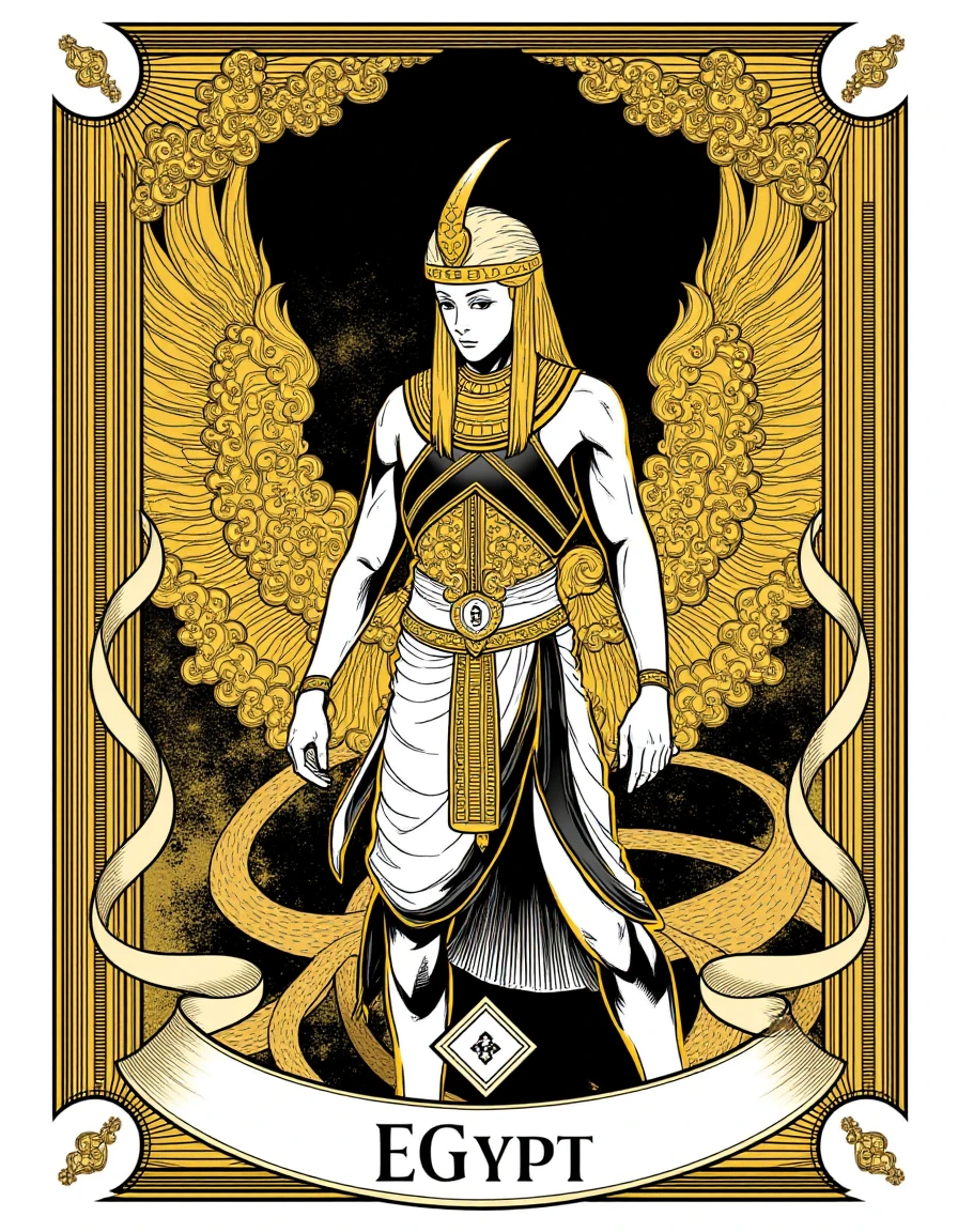 A golden egypt warrior, black and white, a text saying "Egypt", tarot card